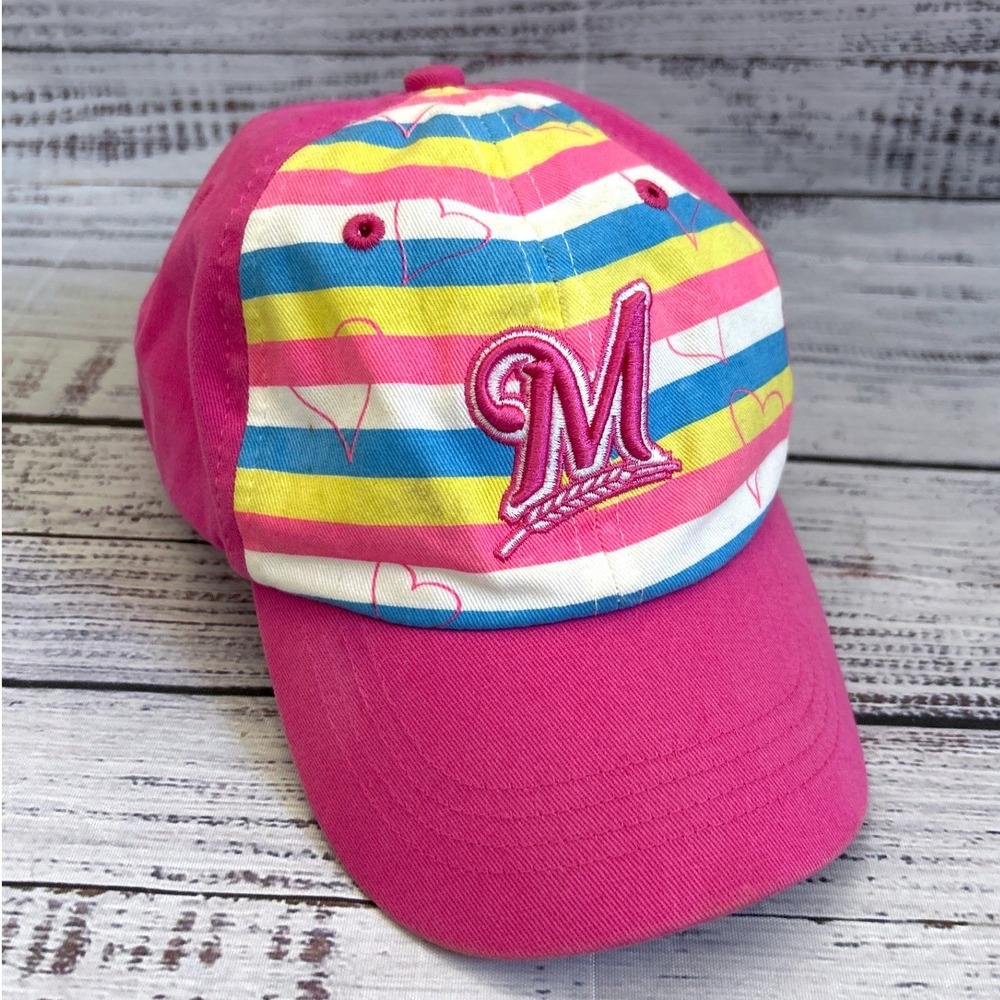 Fan Favorite Milwaukee Brewers Baseball Cap Toddler Pink Striped Heart Logo